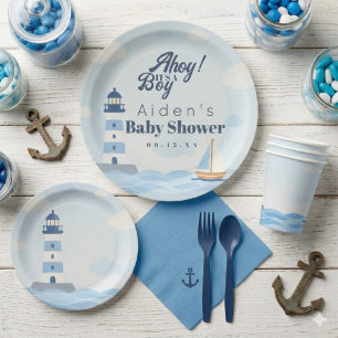 Ahoy It's a Boy Nautical Lighthouse Baby Shower Paper Plate