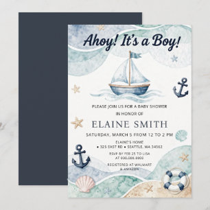 Ahoy Its a Boy Nautical Marine Beach Baby Shower Invitation