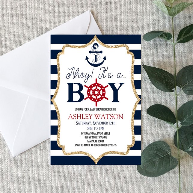 Ahoy It's A Boy! Nautical Navy Blue Baby Shower Invitation (Creator Uploaded)