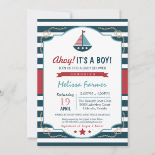 Ahoy It's A Boy!  Nautical Navy & Red Baby Shower Invitation