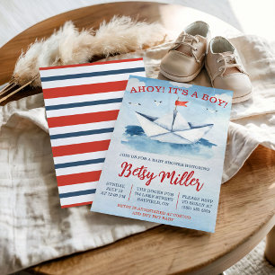 AHOY! It's a BOY! Nautical Paper Boat Baby Shower Invitation