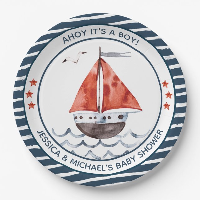 Ahoy It's A Boy Nautical Paper Plate (Front)