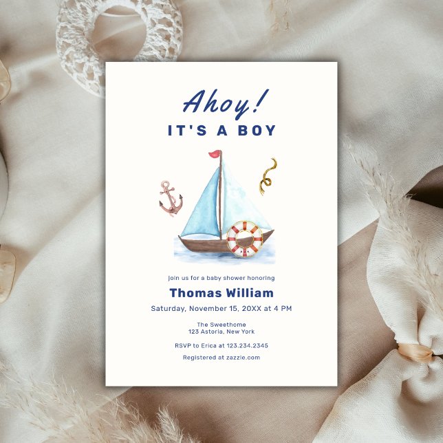 Ahoy It's A Boy Nautical Sailboat Baby Shower Invitation (Ahoy It's A Boy Nautical Sailboat Baby Shower Invitation)