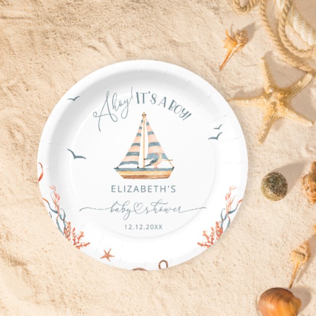 Ahoy It's a Boy Nautical Sailboat Baby Shower Paper Plate (Creator Uploaded)