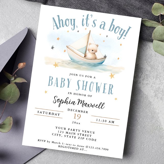 Ahoy It's a Boy Nautical Sailboat Bear Baby Shower Invitation (Creator Uploaded)