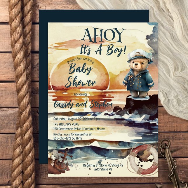 Ahoy, It's A Boy Nautical Teddy Bear Baby Shower Invitation (Ahoy It's A Boy Nautical Teddy Bear Baby Shower Invitation -- Print | Digital Download)