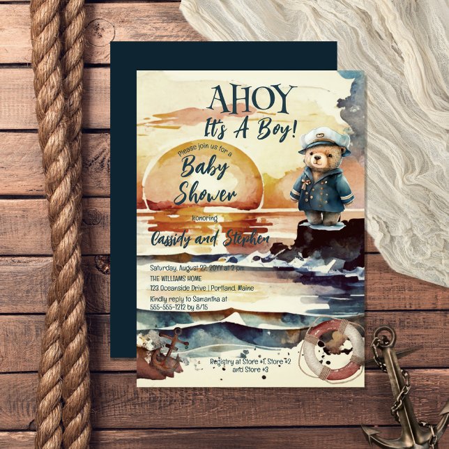 Ahoy, It's A Boy Nautical Teddy Bear Baby Shower Invitation (Creator Uploaded)