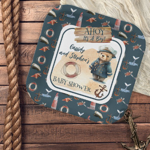 Ahoy, It's A Boy Nautical Teddy Bear Baby Shower Paper Plate