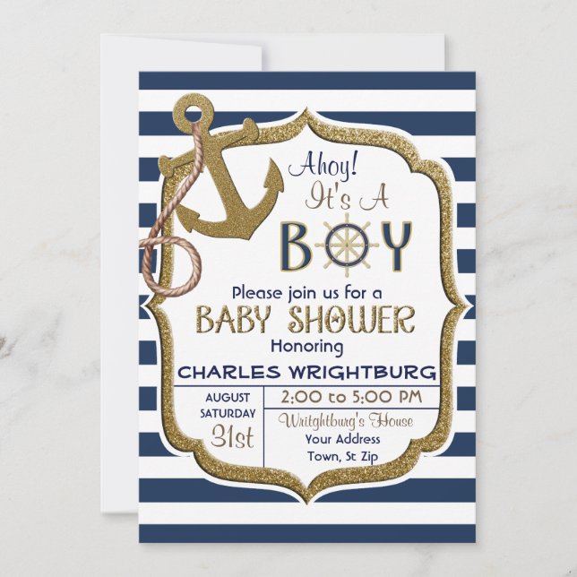 Ahoy It's A Boy Nautical Theme Baby Invitation (Front)