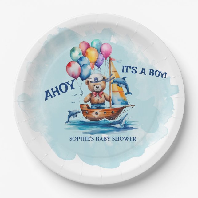 Ahoy Its A Boy Nautical Theme Baby Shower Paper Plate (Front)