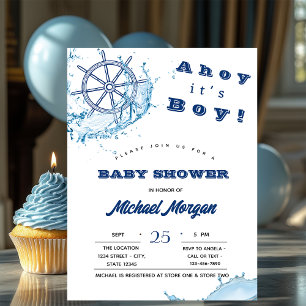 Ahoy It's A Boy,Nautical Wheel,Dots Baby Shower Invitation