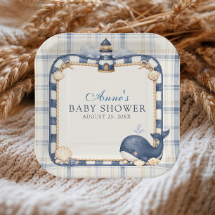 Ahoy It's a Boy Navy Blue Lighthouse Whale Plaid Paper Plate