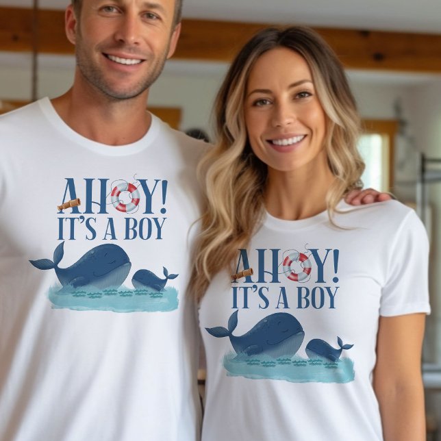 Ahoy it's a Boy Ocean Whales Gender Reveal T-Shirt (Ahoy it's a Boy t-shirt, gender reveal or birth announcement - Happy Whales Baby Shower Collection)