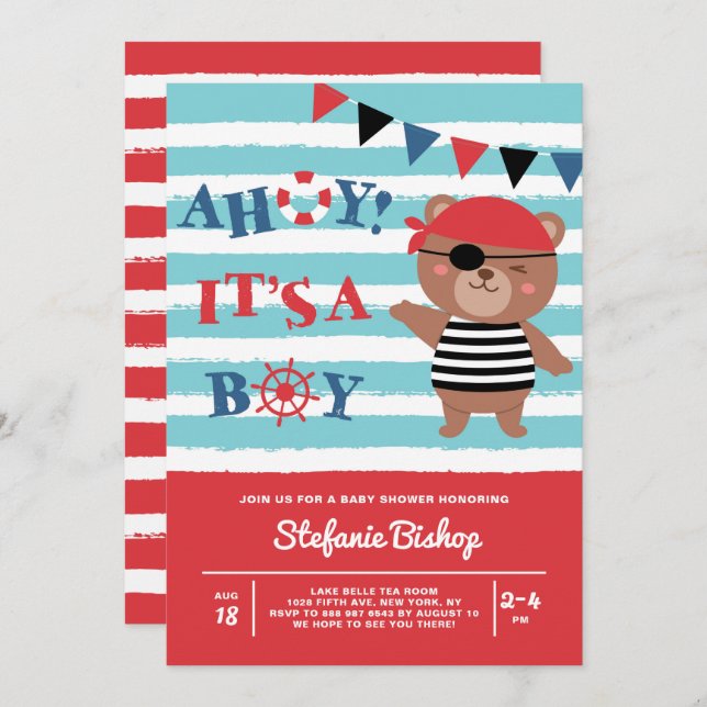 Ahoy It's a Boy Pirate Bear Nautical Baby Shower Invitation (Front/Back)