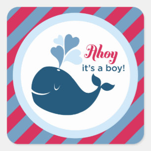 Ahoy Its a Boy Red Navy Whale Square Sticker