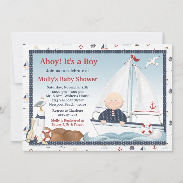 Ahoy Its a Boy Sailboat Baby Shower Invitation (Front)
