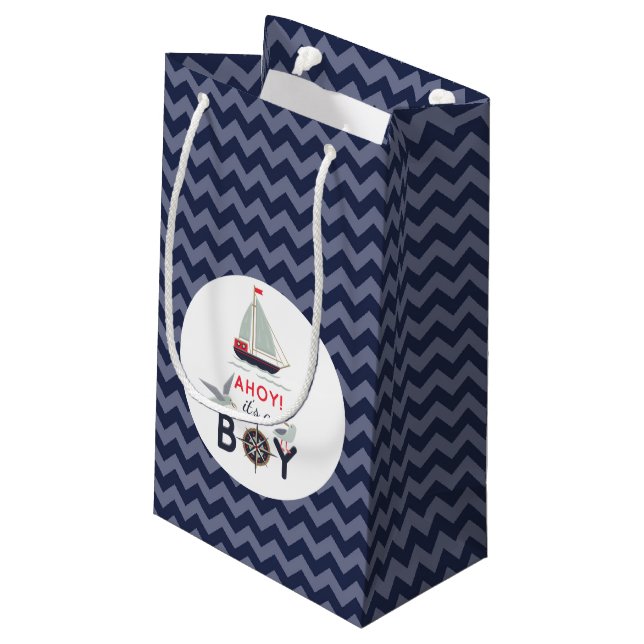 Ahoy! It's A Boy Sailboat Nautical Baby Shower Small Gift Bag (Back Angled)