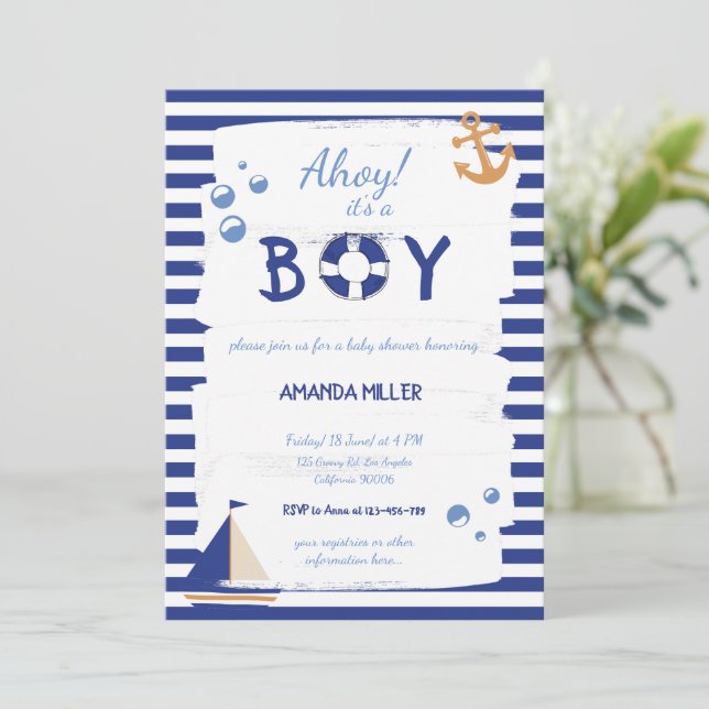 Ahoy It's A Boy! Sailor Marine Blue Baby Shower Invitation (Standing Front)