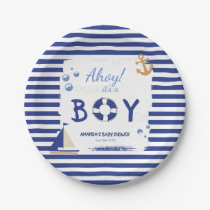 Ahoy It's A Boy! Sailor Marine Blue Baby Shower Paper Plate