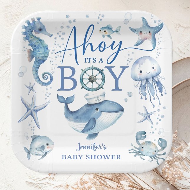 Ahoy it's A Boy Sailor Nautical Baby Shower Blue  Paper Plate (Creator Uploaded)