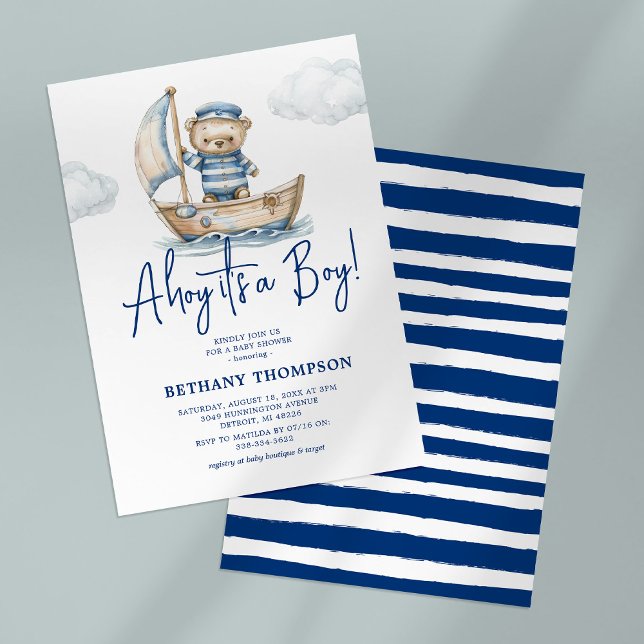 Ahoy it's a Boy Teddy Bear Baby Shower Invitation (Creator Uploaded)