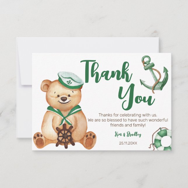 Ahoy its a boy teddy bear baby shower thank you invitation (Front)