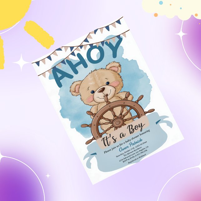 Ahoy It's A Boy Teddy Bear Sailboat Baby Shower  Invitation (Creator Uploaded)