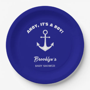 Ahoy Its A Boy Trendy Baby Shower Navy Blue White Paper Plate