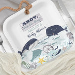 Ahoy It's A Boy Under the Sea Baby Shower Paper Plate<br><div class="desc">"Ahoy, It's A Boy!" under the sea themed Baby Shower design featuring beautiful sea creatures such as whales, a seahorse, a dolphin, an octopus, a stingray, starfish and coral. Main colours are dark blue and medium dusky blue with white. Accented with medium greige, grey, sage green, and golden yellow. A...</div>