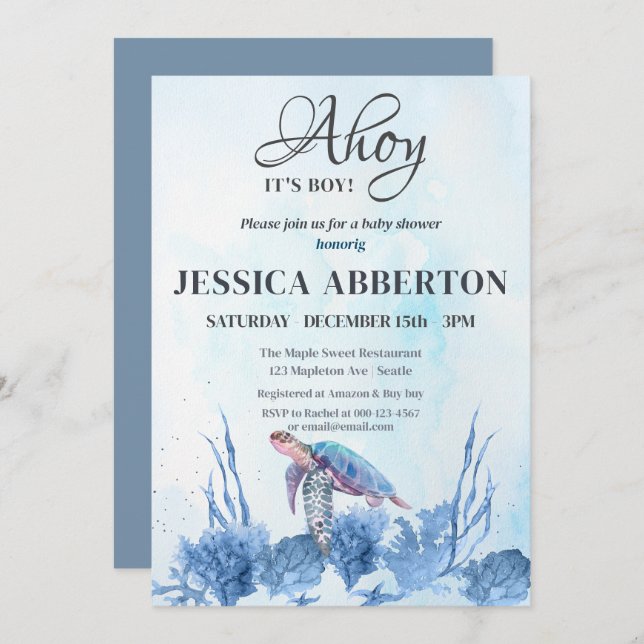 Ahoy It's a Boy Under the Sea Blue  Baby Shower Invitation (Front/Back)