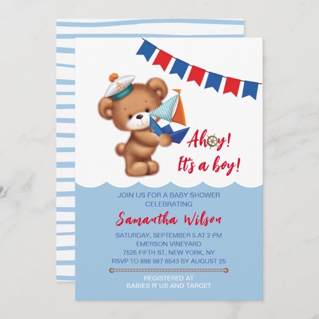 Ahoy! It's a Boy Watercolor Nautical Baby Shower Invitation (Front/Back)