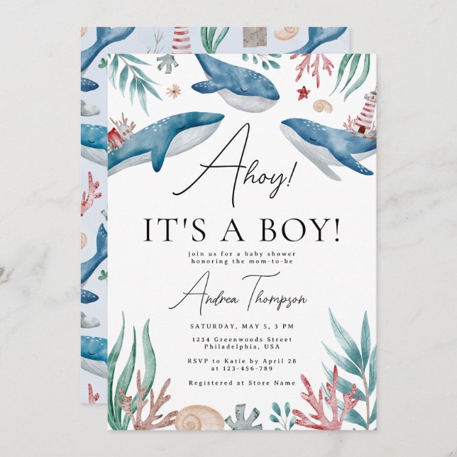 Ahoy It's a Boy Whale Under the Sea Baby Shower Invitation (Front/Back)