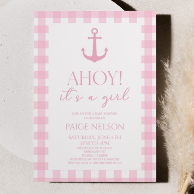 Ahoy It's A Girl Elegant Pink Nautical Baby Shower Invitation (Creator Uploaded)