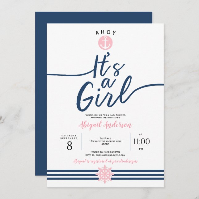 Ahoy, it's a Girl, Nautical, Baby Girl Shower Invitation (Front/Back)
