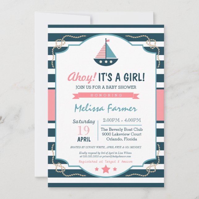 Ahoy It's A Girl! Nautical Navy & Pink Baby Shower Invitation (Front)