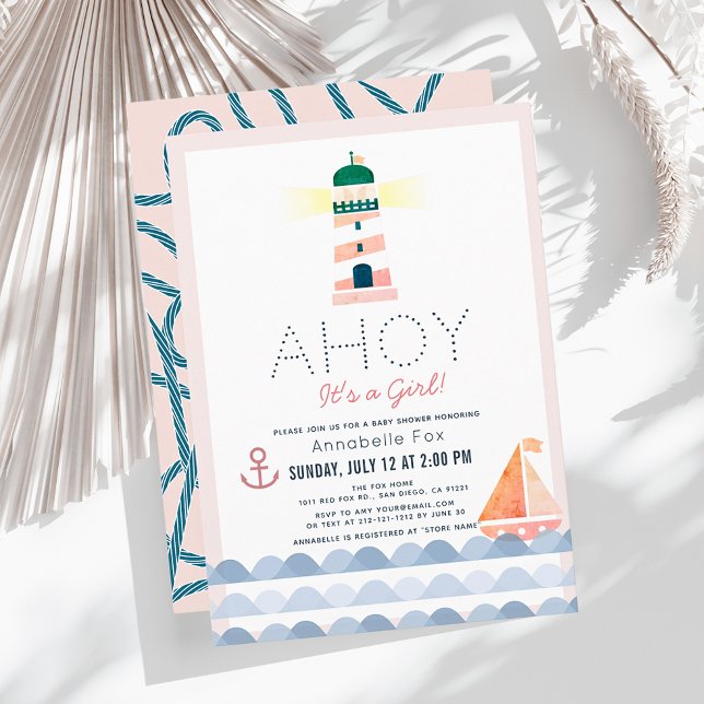 Ahoy It's a Girl Nautical Pink Girl Baby Shower Invitation (Creator Uploaded)