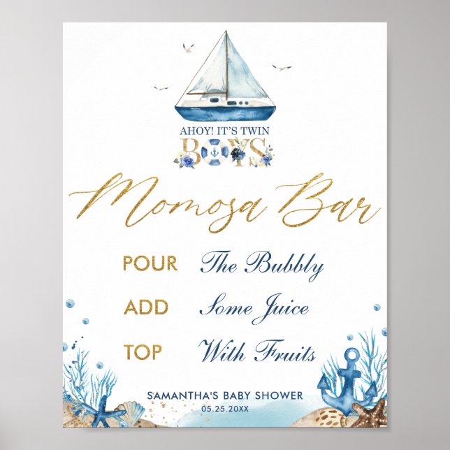Ahoy It's Twin Boy Nautical Baby Shower Momosa Bar Poster (Front)
