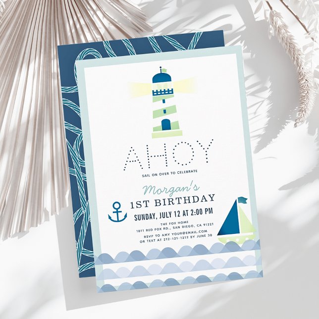 Ahoy Lighthouse Nautical Blue Boy 1st Birthday Invitation (Creator Uploaded)