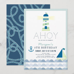 Ahoy Lighthouse Nautical Blue Boy Birthday Invitation