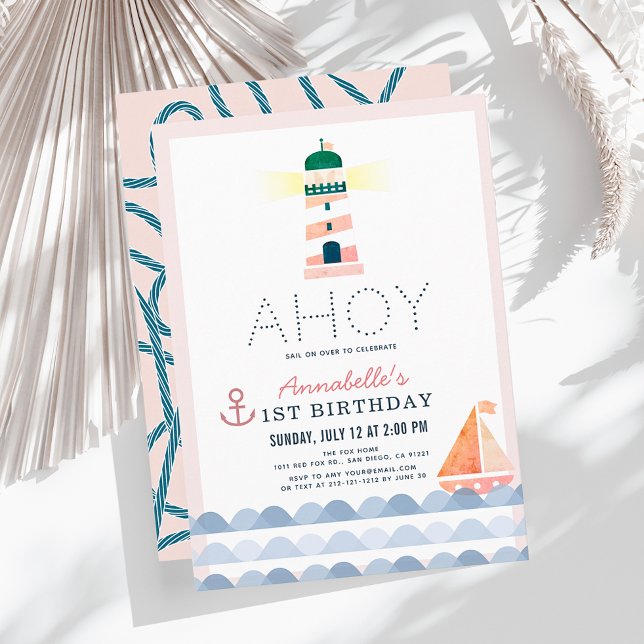 Ahoy Lighthouse Nautical Pink Girl 1st Birthday Invitation (Creator Uploaded)
