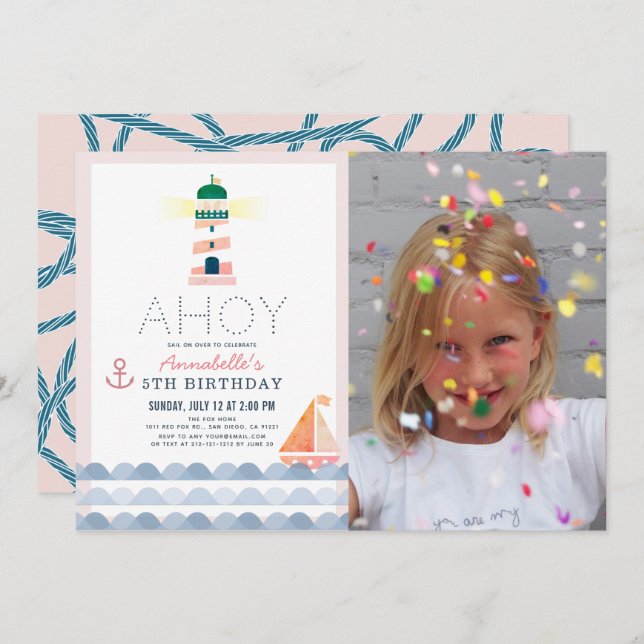 Ahoy Lighthouse Nautical Pink Girl Photo Birthday Invitation (Front/Back)