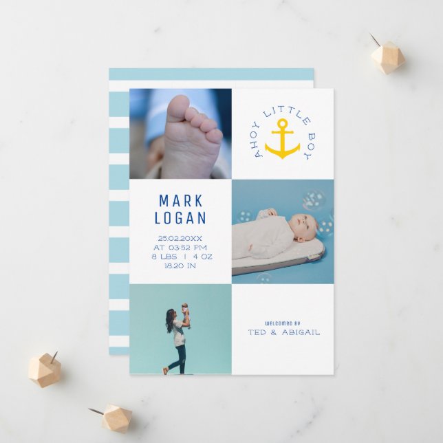 Ahoy Little Boy Photo Collage Anchor Blue Birth Announcement (Front/Back In Situ)
