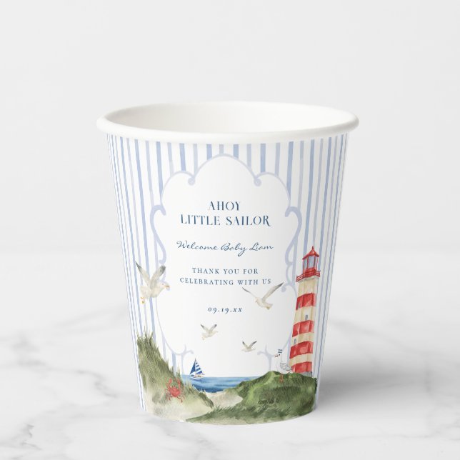 Ahoy Little Sailor Nautical Baby Shower Paper Cups (Front)