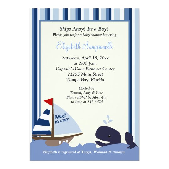 Ahoy Mate Blue Stripe Whale Baby Shower 5x7 Card