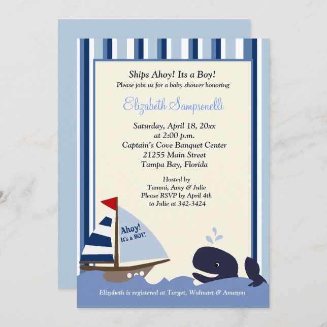 Ahoy Mate Blue Stripe Whale Baby Shower 5x7 Invitation (Front/Back)