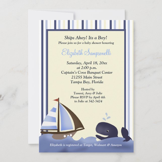 Ahoy Mate Blue Whale Baby Shower 5x7 Invitation (Front)