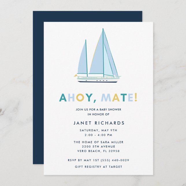 Ahoy Mate Nautical Sailboat Baby Shower Invitation (Front/Back)