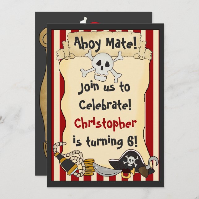Ahoy Mate! Pirate Skull n Crossbones Red Birthday Invitation (Front/Back)