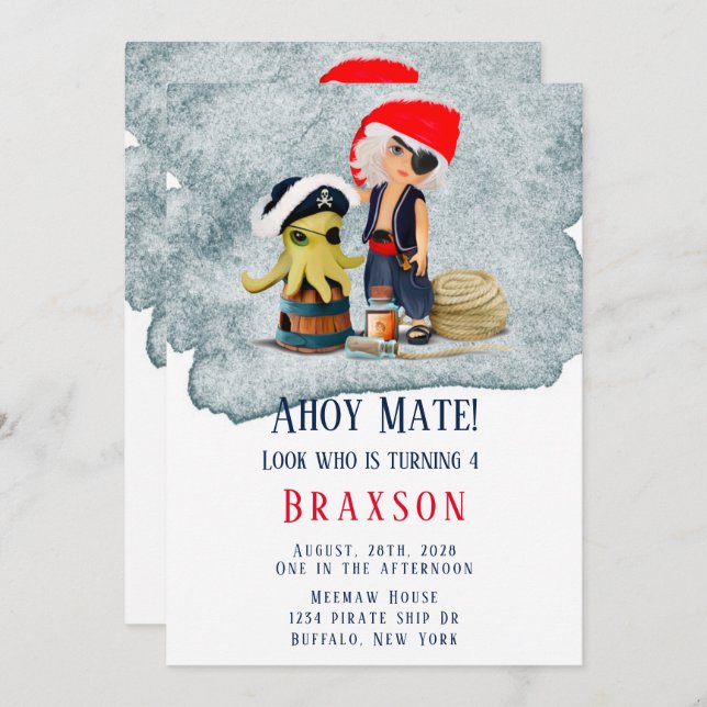 Ahoy Mate Pirates Boy Birthday Party Invitation (Front/Back)