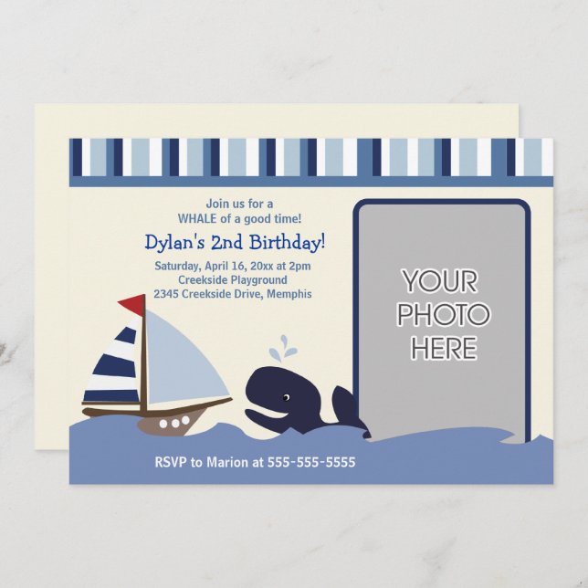 Ahoy Mate Sailboat Navy Whale Birthday Photo Invitation (Front/Back)